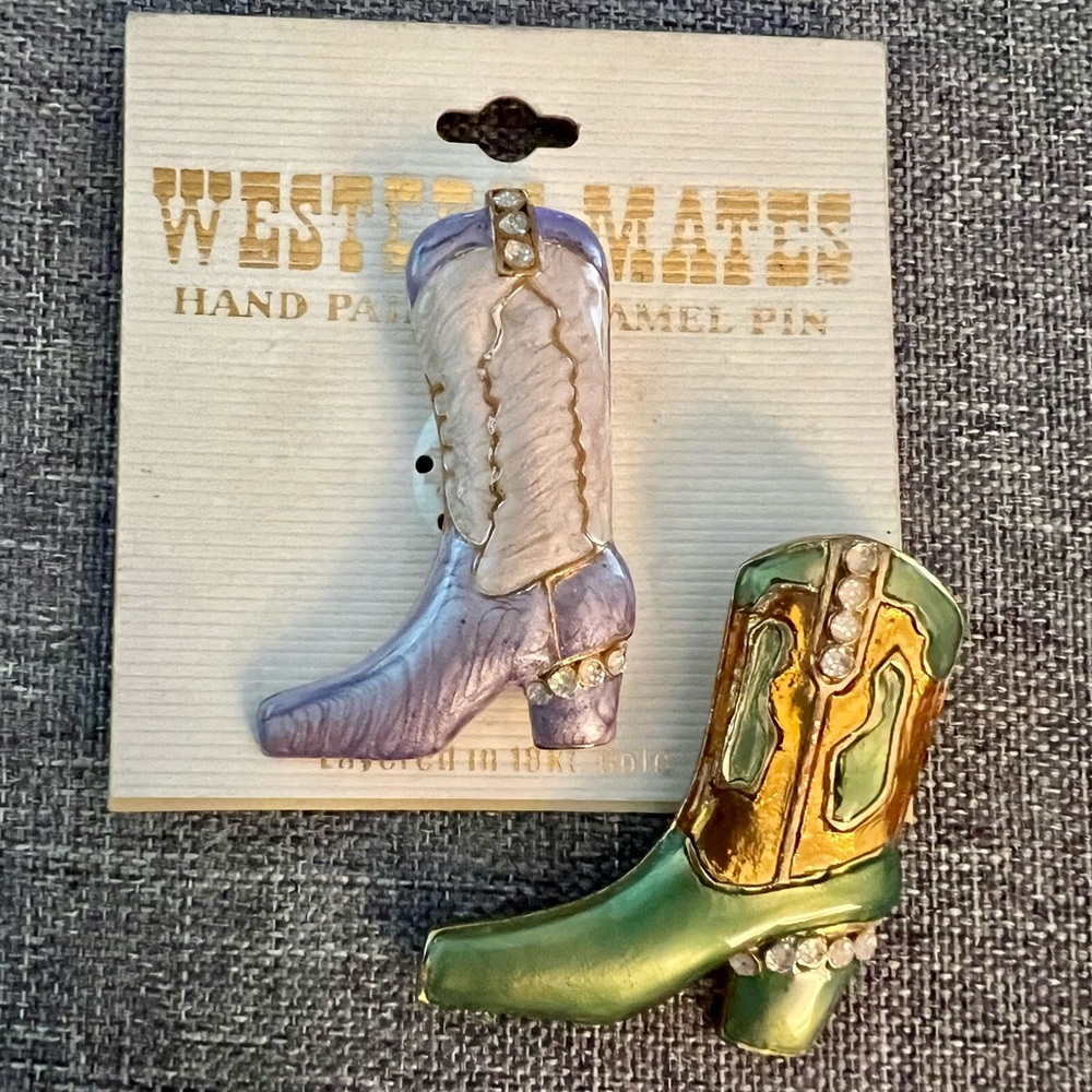 Lot of 2 Enamel Cowboy Boot Brooches Pins Layered 18k Gold Coastal Cowgirl